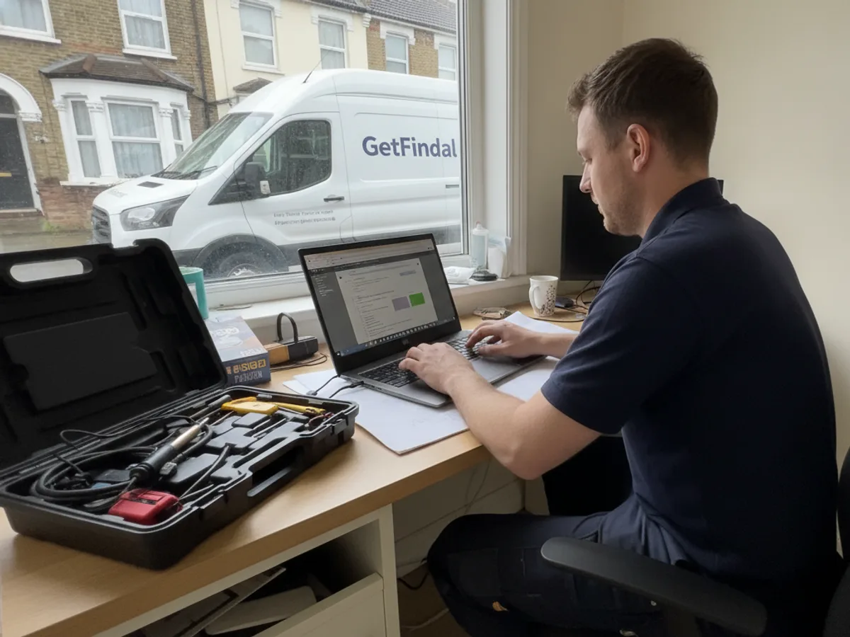 Trade business website built by Get Findable, shown on a laptop in a London office